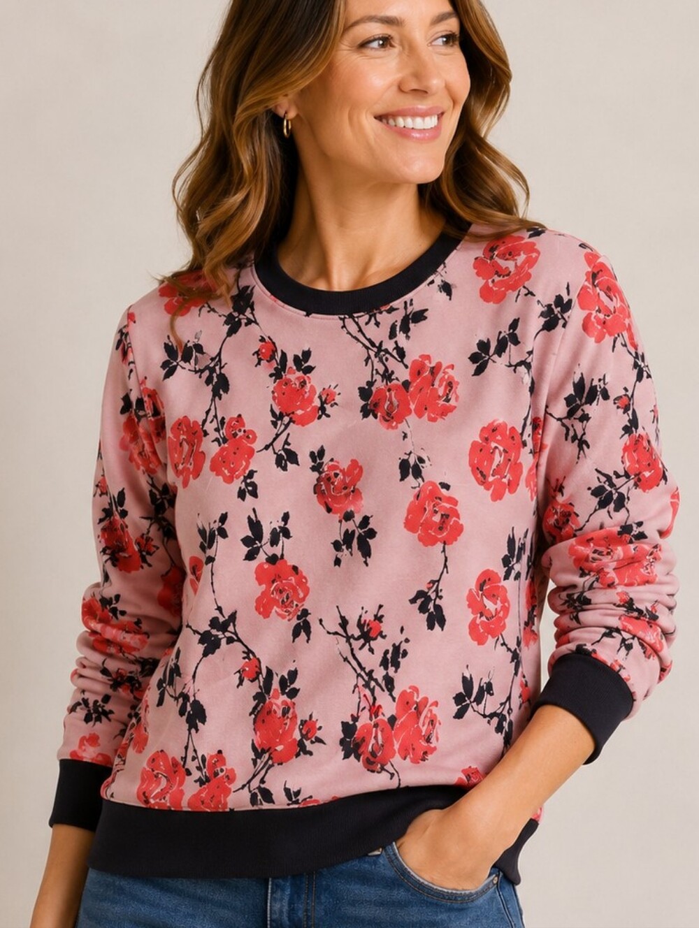 TAHARI ROSE FLOWER SWEATSHIRT TOP SMALL
